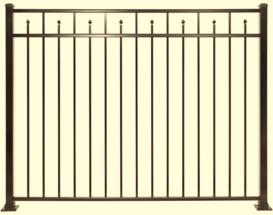 A black metal fence panel with vertical pickets, evenly spaced bars, and small decorative finials at the top.