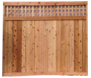 A rectangular cedar wood privacy fence panel featuring vertical planks topped with a square lattice decorative section.