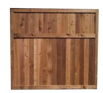 A rectangular, wood-slat fence panel with a dark brown finish and a horizontal support beam centered across the front.