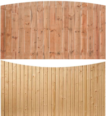 Two wooden fence panels: one with an arched top and one with a dipped, concave top.