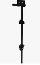 A black metal vertical cane bolt latch with a handle and mounting brackets for gate security.