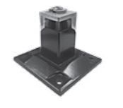 A square black deck post base with a raised, transparent-capped center mounting bracket on a flat, bolted flange.