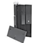 Black, modular plastic hinge and base plate components for a door or panel mounting system.