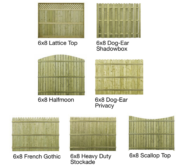A display grid of seven different styles of 6x8 wooden fence panels with labels, showing various top and design patterns.