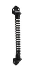 A black, coil-spring door closer with mounting brackets at each end against a white background.