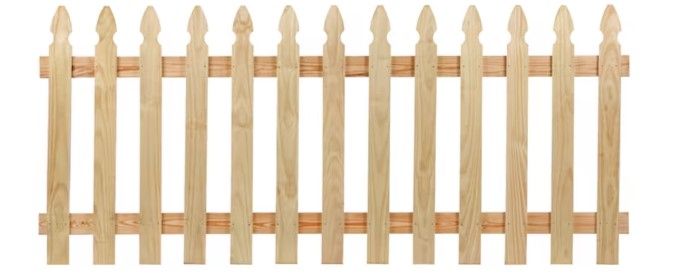 A section of light-colored wooden picket fence with pointed tops and two horizontal support rails.