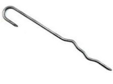 A silver-colored metal landscape staple with a U-shaped hook at one end and a wavy shank at the other.
