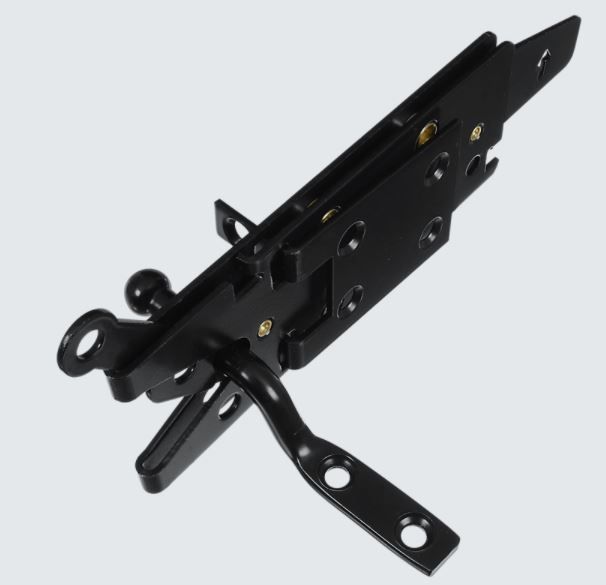 A black, heavy-duty gravity gate latch made of metal, featuring a bolt mechanism and an extended arm for installation.