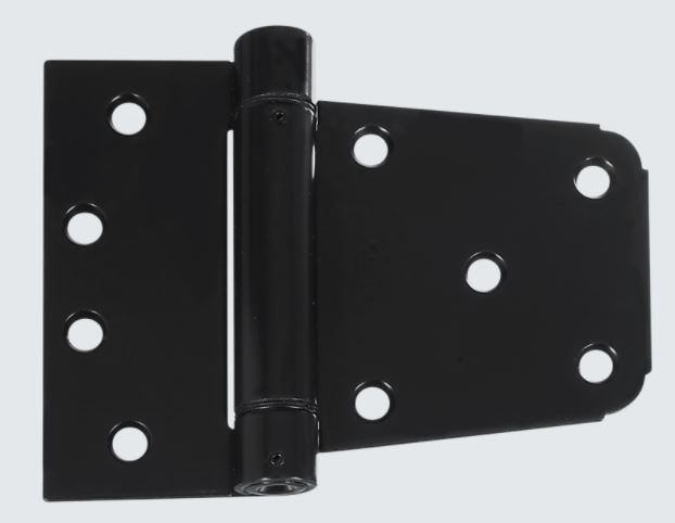 Black spring-loaded gate hinge with multiple screw holes on both rectangular metal plates.