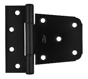 A black matte metal tee hinge with five visible screw holes and a central barrel, shown against a white background.