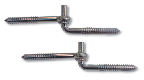Two silver screw-in gate hinge pins arranged horizontally on a white background.