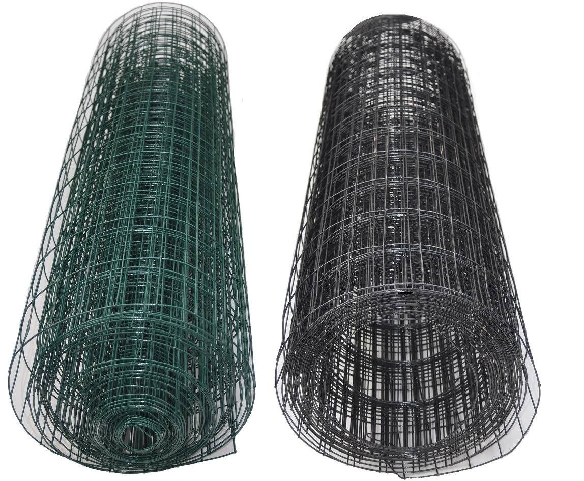Two rolls of wire mesh fencing: one dark green and one black, standing side-by-side against a white background.
