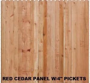 A vertical wooden fence panel made of light brown red cedar with 4-inch pickets, featuring a scalloped top edge.