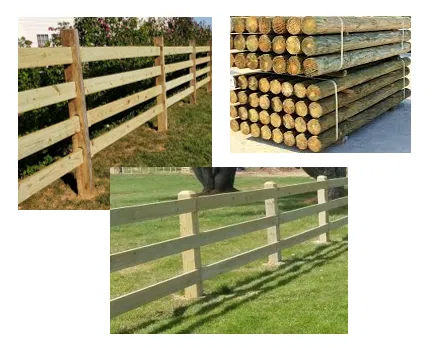 Three views of wooden split-rail fencing, showing assembled fences and a stack of raw timber posts.