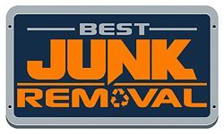 Logo for "Best Junk Removal": orange text on blue background, gray frame, recycling symbol.