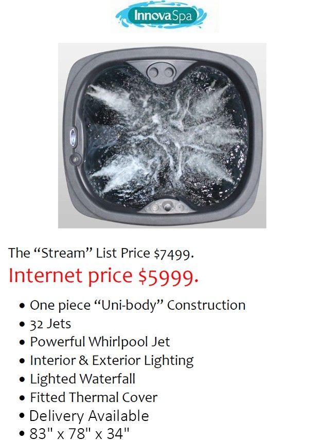 Top-down view of a hot tub with water jets, listing features and prices.