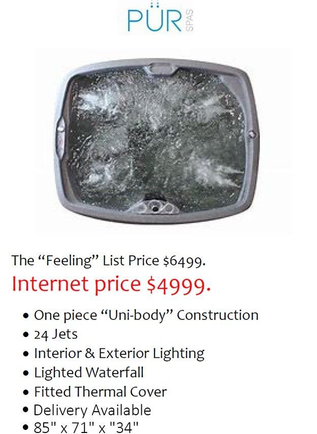 A gray hot tub with water jets, lit waterfall, and the price listed as $4999.