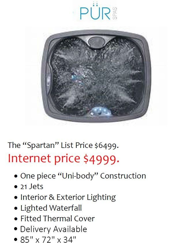 A gray PUR Spartan hot tub with bubbling water and details: price, features, and dimensions.