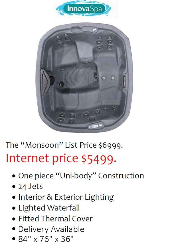 Top-down view of a grey hot tub, with listed features and price details.