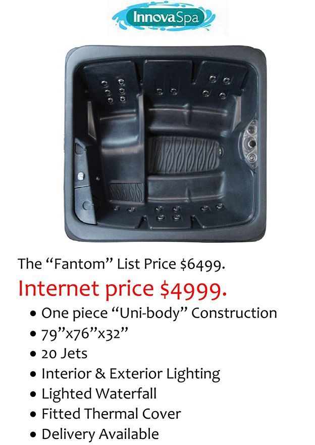 Black hot tub with Innova Spa logo, listed at $4999. Features include jets, lighting, and a thermal cover.