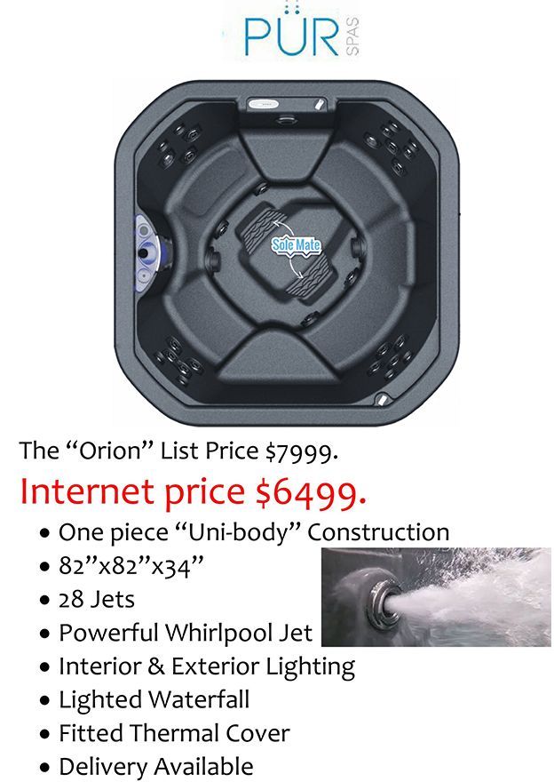 Black Orion hot tub with specs listed, discounted from $7999 to $6499.