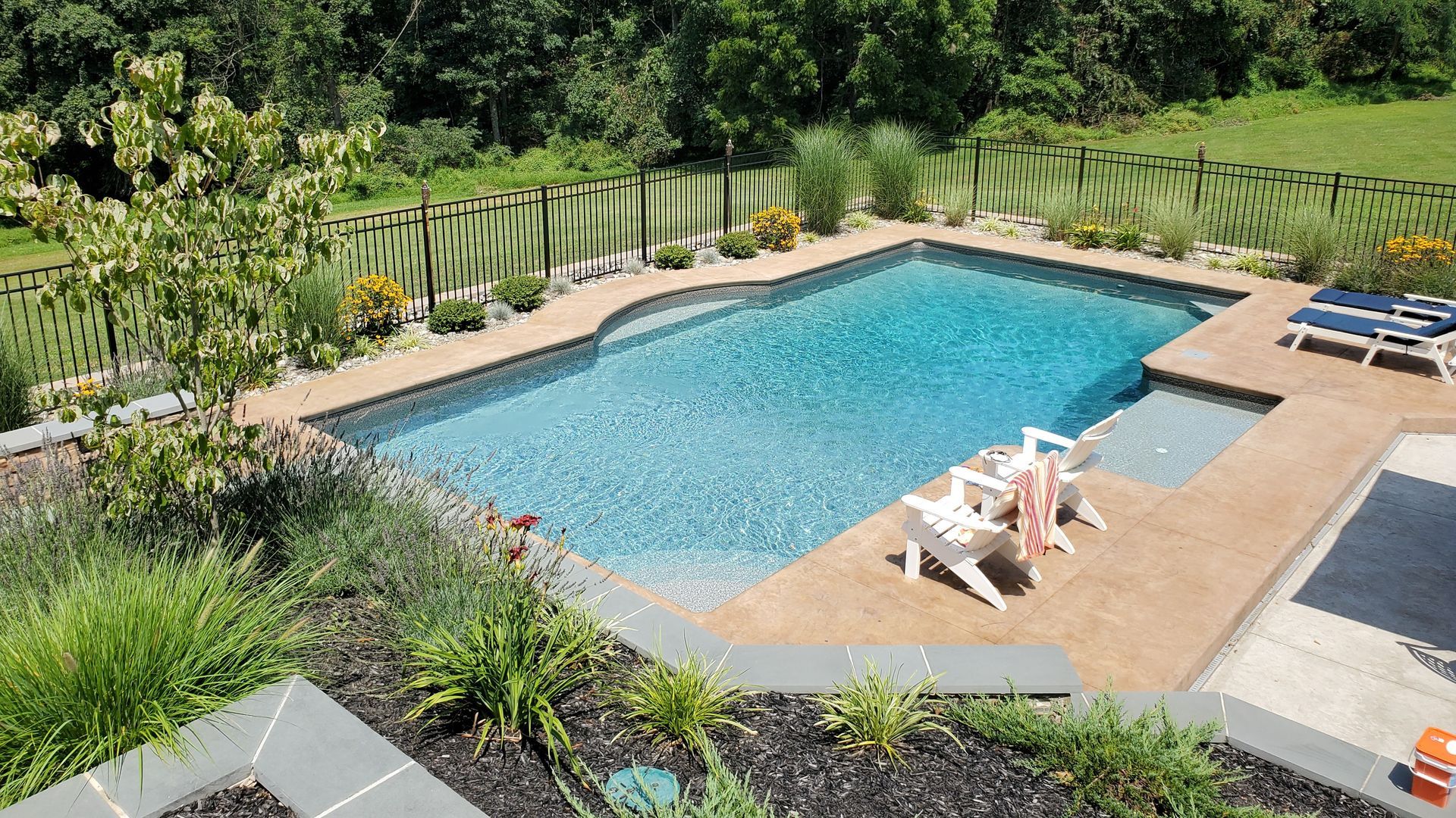 Pool with turquoise water surrounded by concrete deck, plants, and black fence. Two lounge chairs are on the deck.