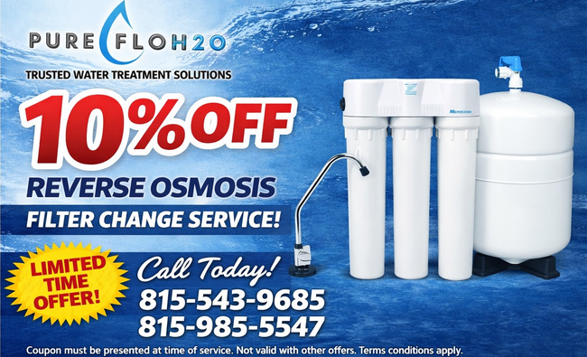Coupon for 10% off a Pure Flo H2O reverse osmosis filter change service, featuring a water system and phone numbers.