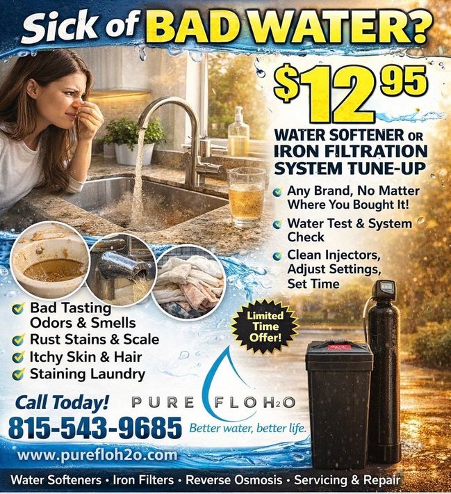 A promotional flyer for a $12.95 water system tune-up by Pure Flo H2O, featuring a kitchen sink and service benefits.