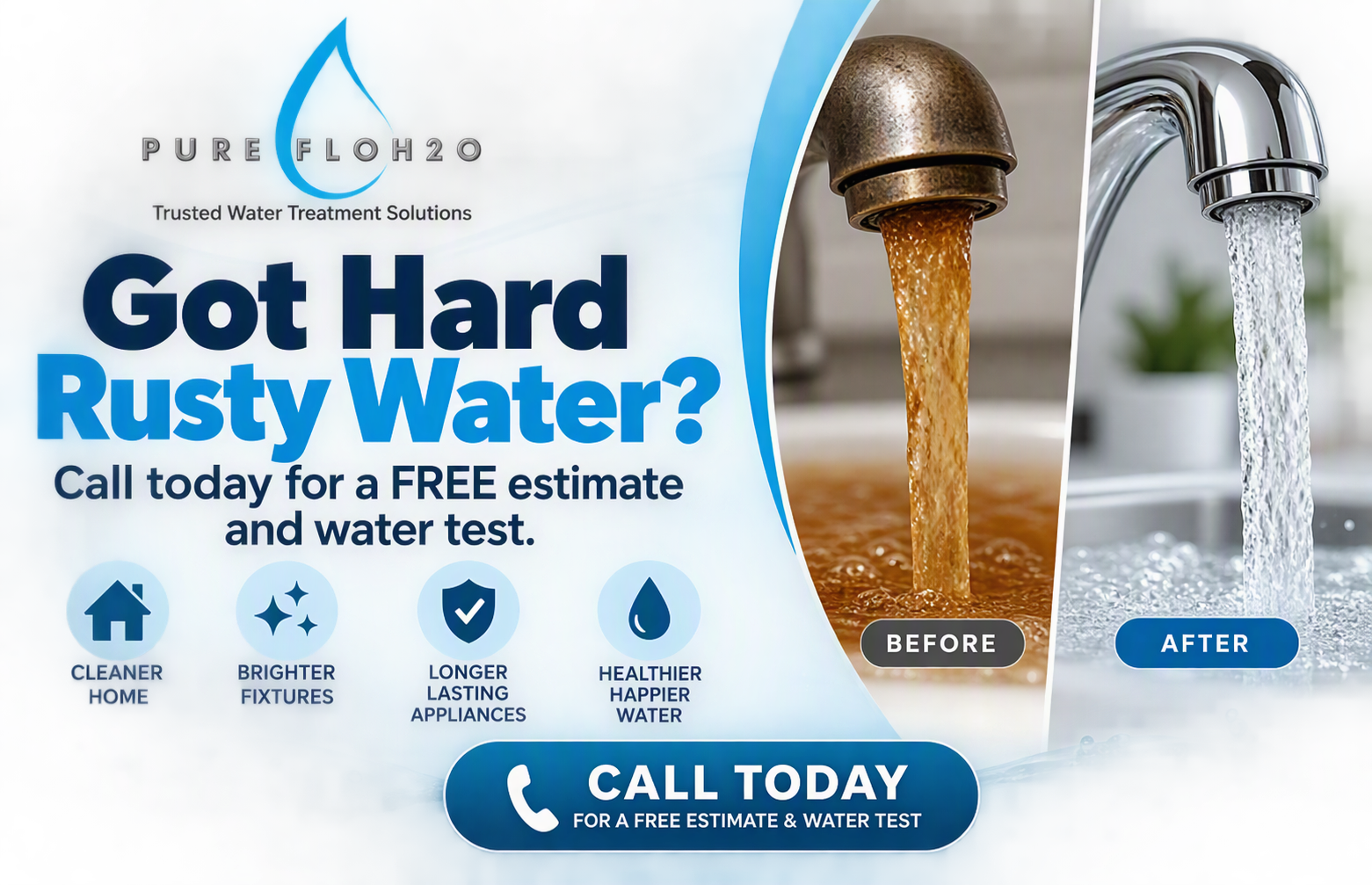 Ad for free water test for rusty water, with before/after faucet images and PureFlo logo.