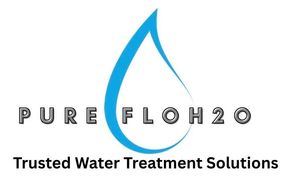 Logo for Pure Flo H2O: a blue water drop inside the company name and tagline "Trusted Water Treatment Solutions."