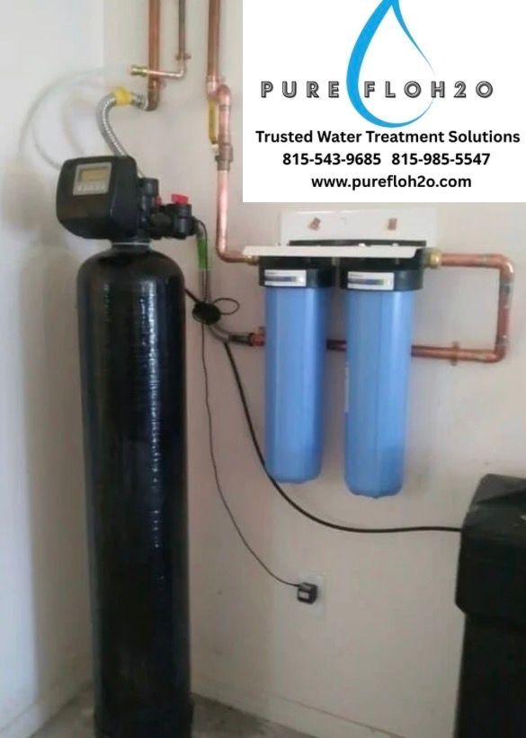 Water treatment system with black tank, blue filters, copper pipes, and Pure Flo H2O logo.