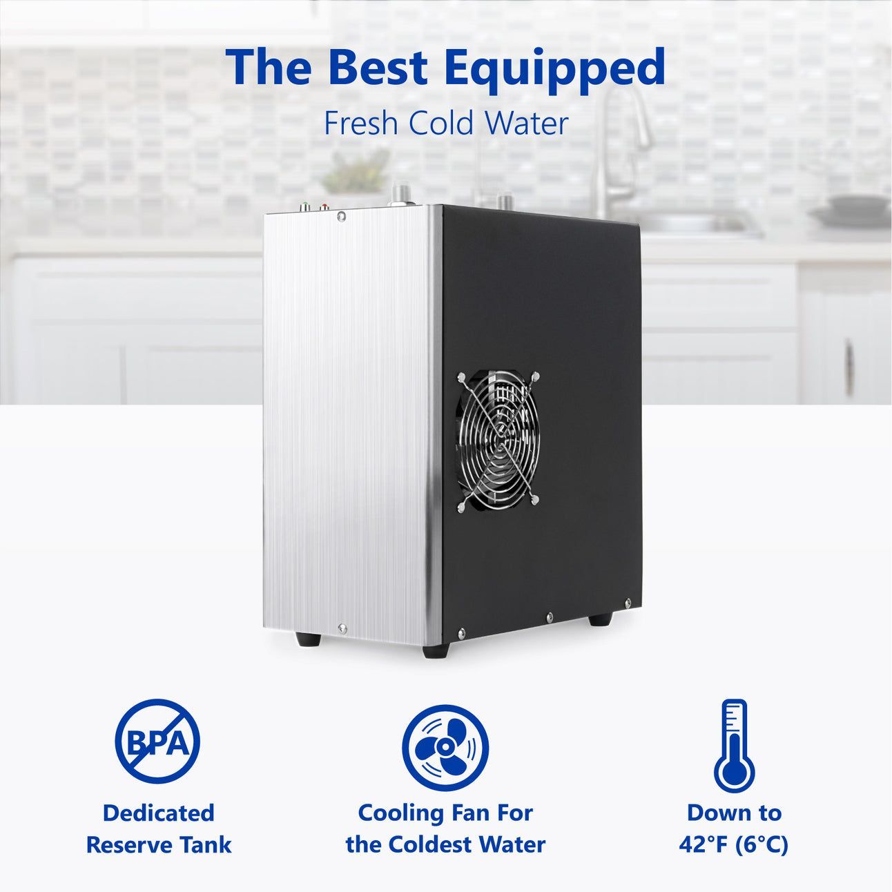 Compact silver-and-black water cooler with fan, labeled BPA-free and Down to the Coldest Water