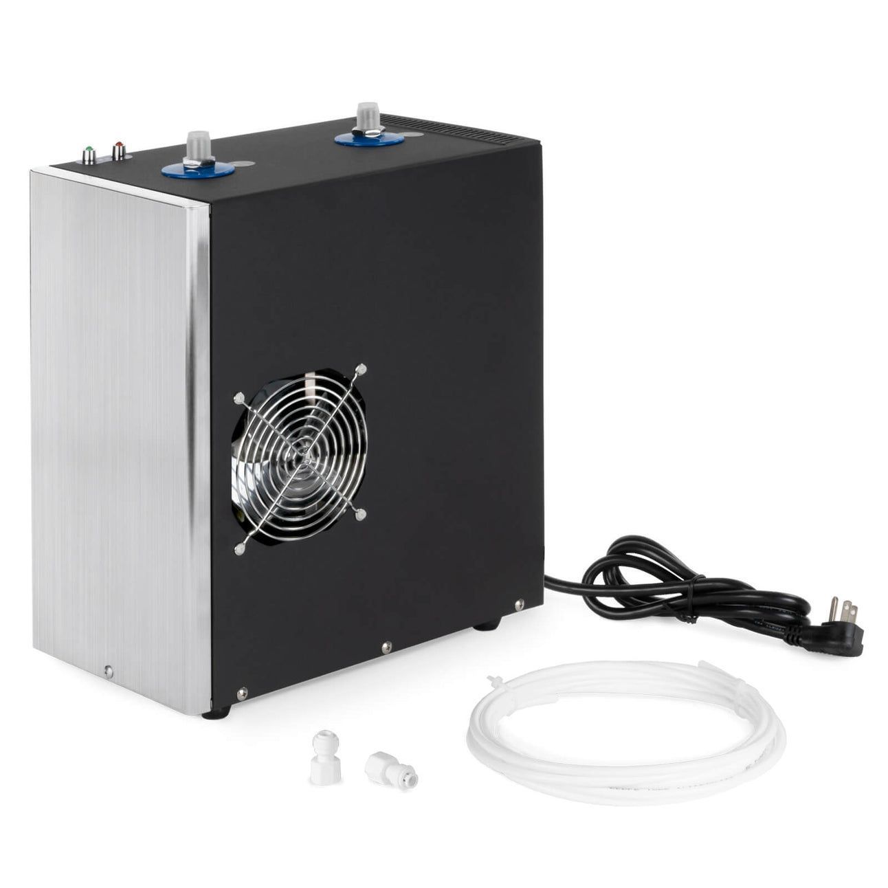 Black metal cooling unit with fan, power cord, and clear tubing on white background