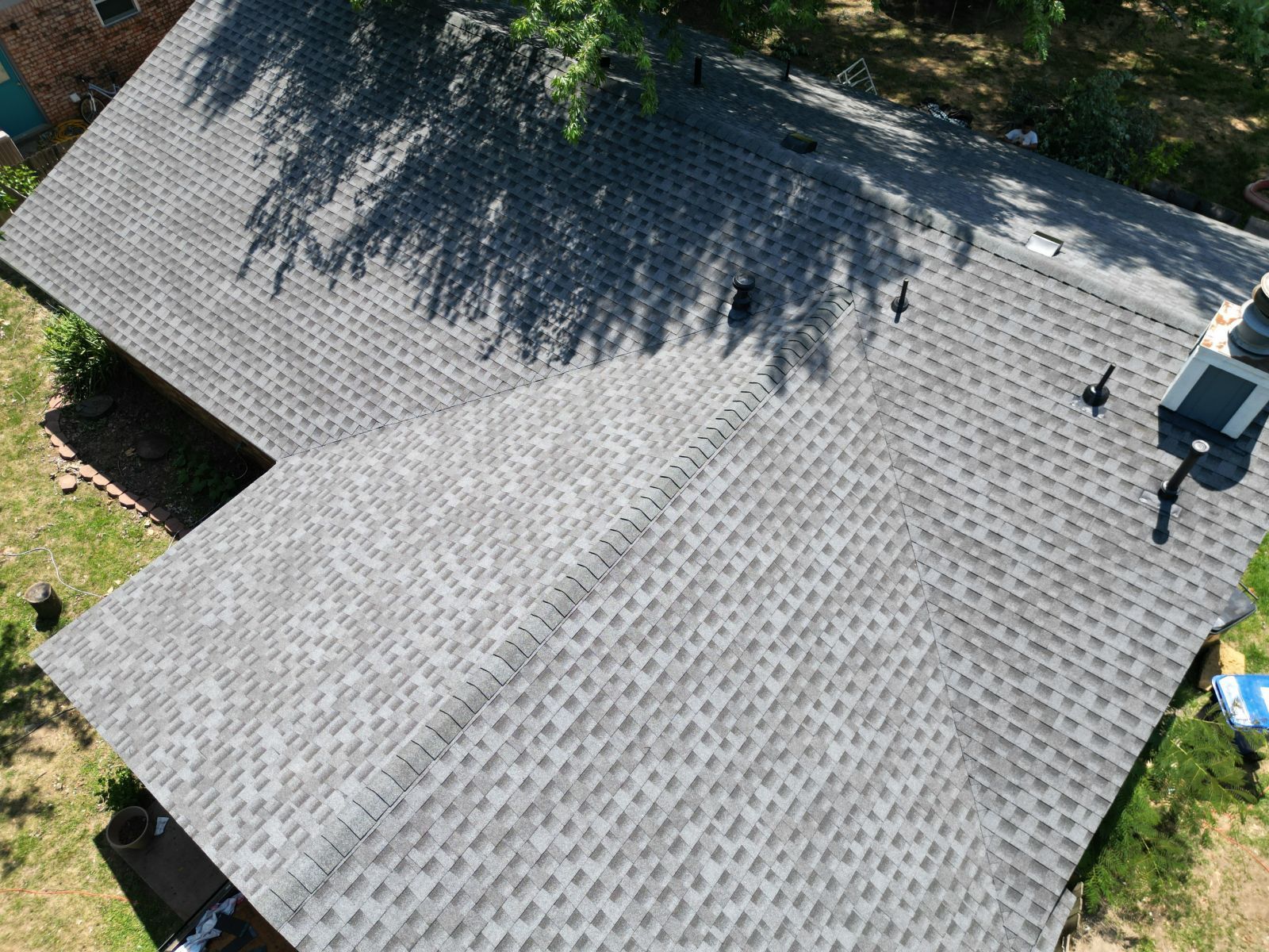 An aerial view of a roof of a house.