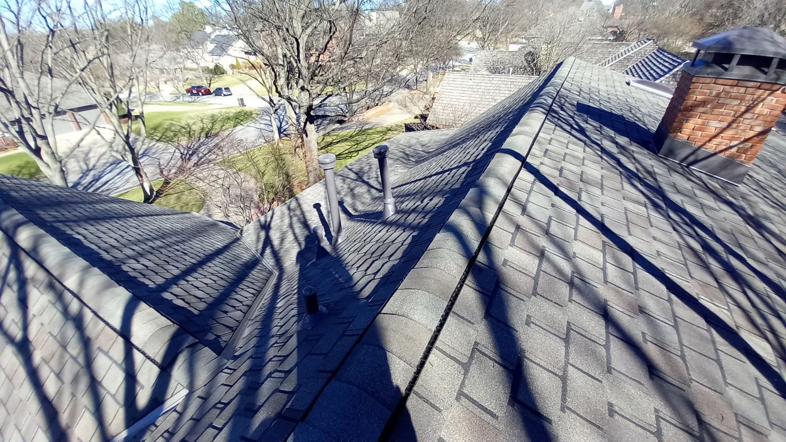 A roof with a chimney and trees in the background.