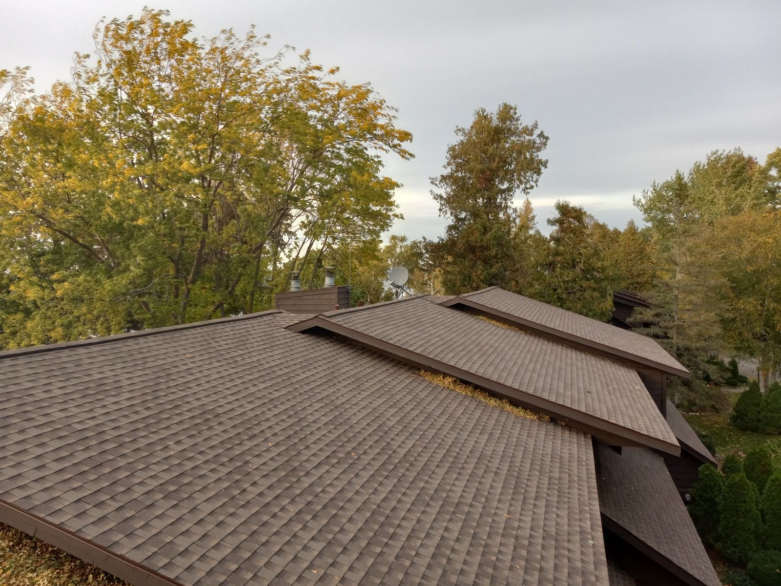 A house with a brown roof and trees in the background.