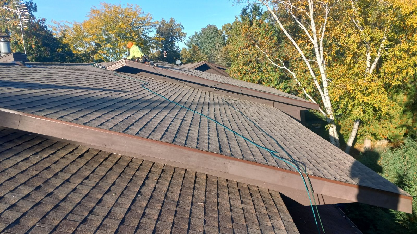 A close up of a roof with trees in the background.