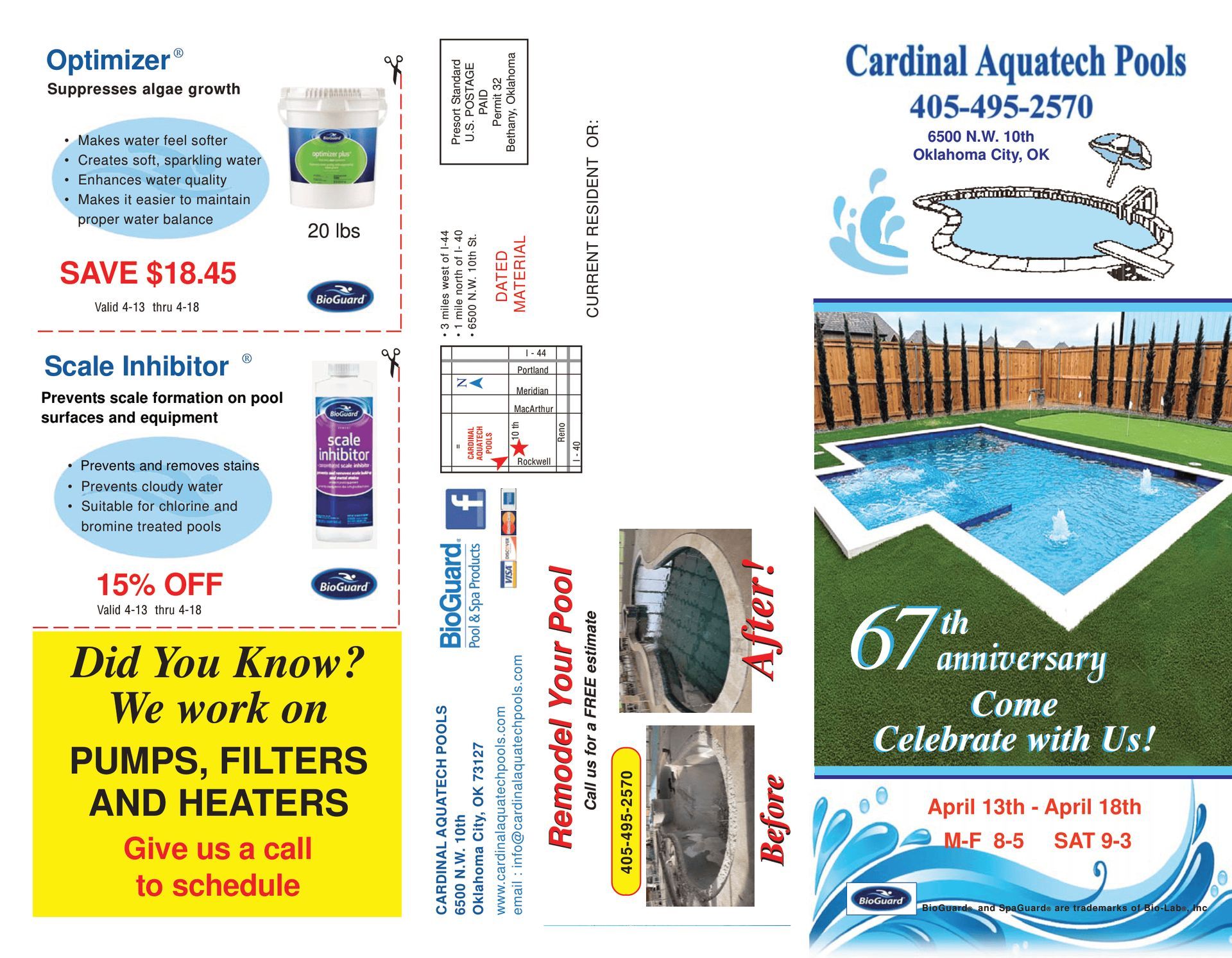 Pool supplies advertisement: deals on chemicals, remodeling, and servicing pumps, filters, and heaters.