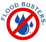 A red and white flood busters logo with a blue drop in the middle