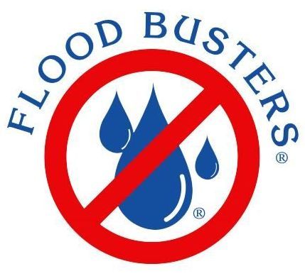 A logo for flood busters with a crossed out drop of water