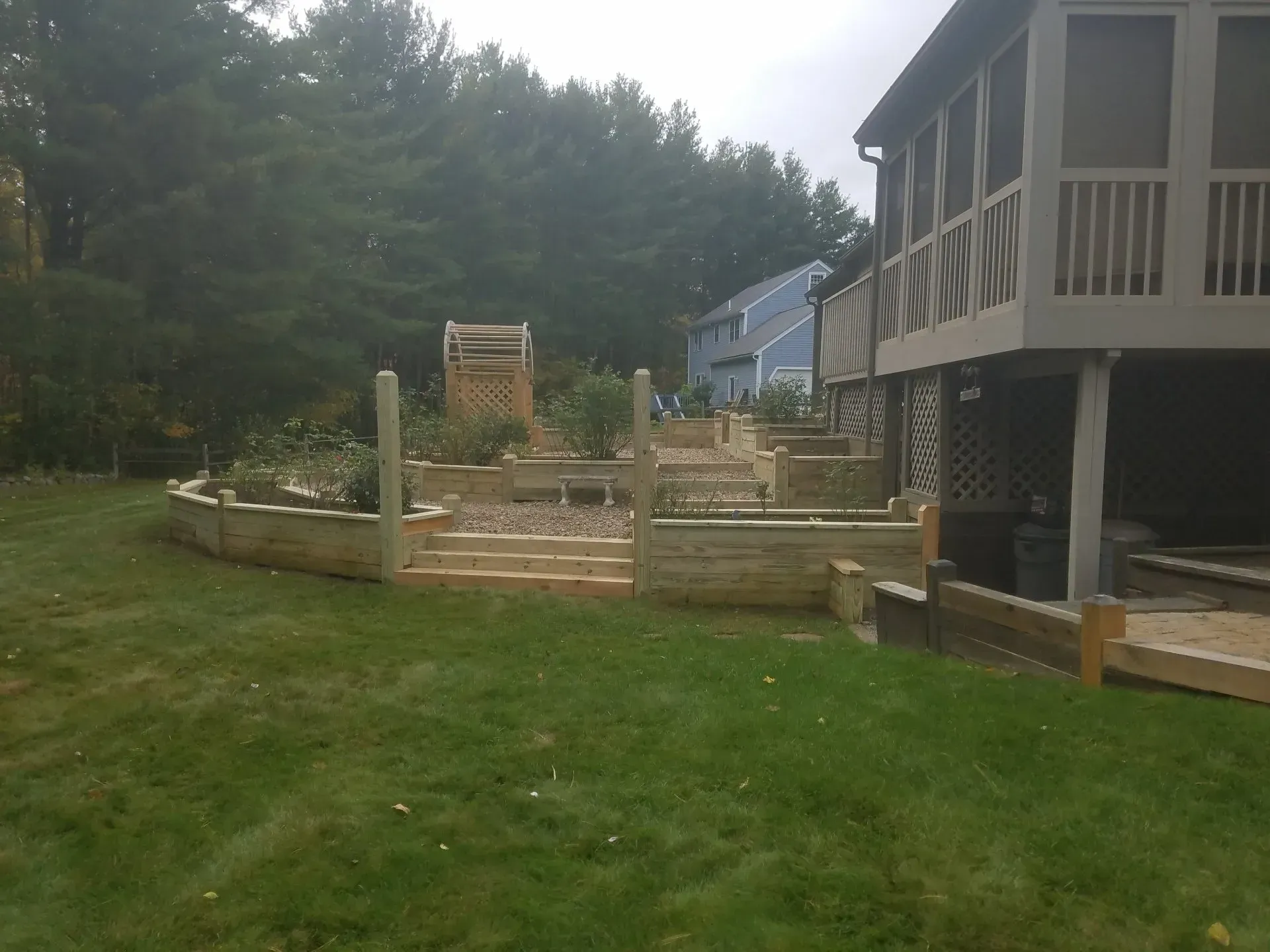 Backyard deck with wooden raised garden beds, a grassy lawn, and a house on the right.