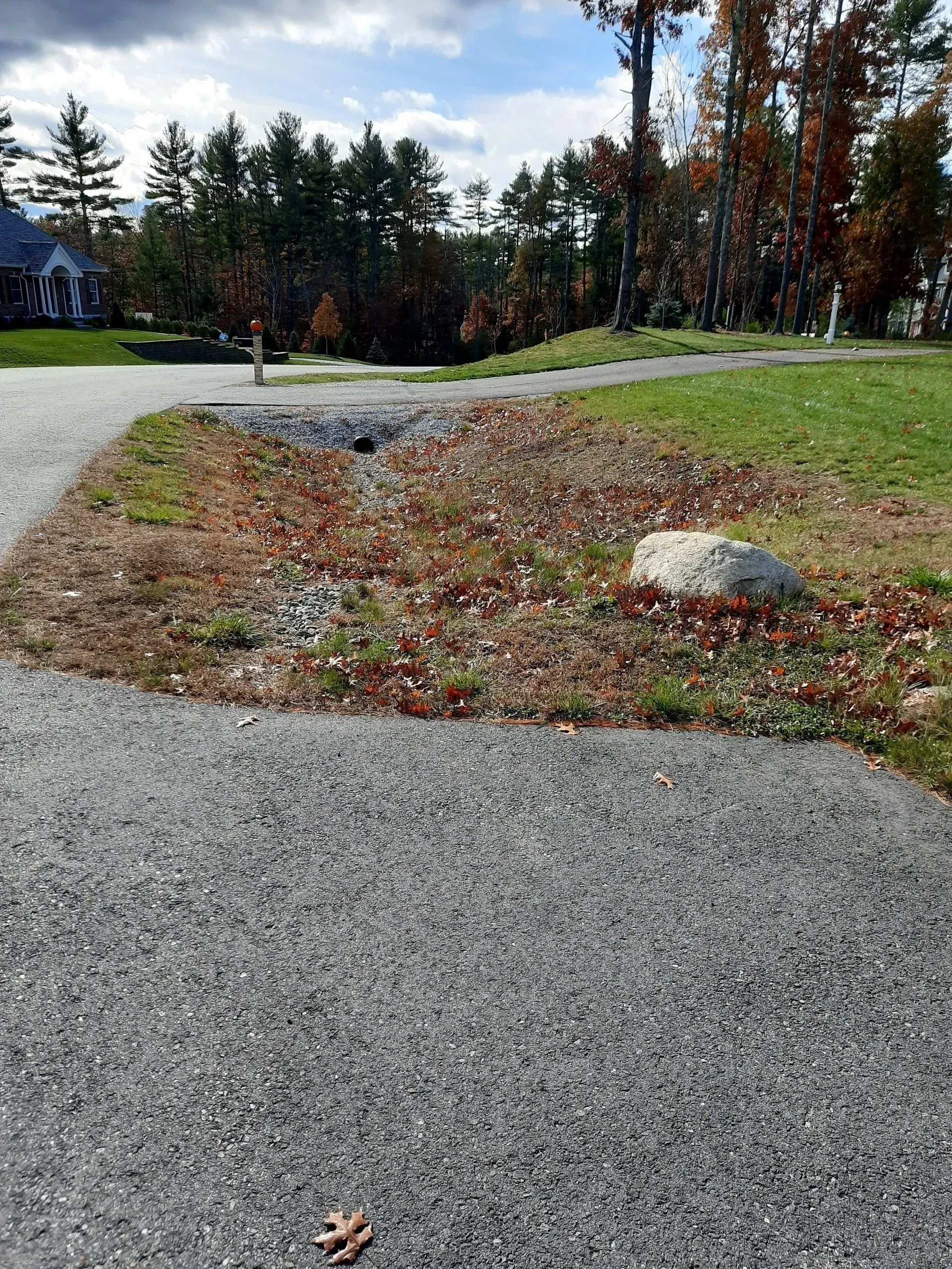 Gravel path beside a small landscaped patch with sparse plants, rocks, and trees under a cloudy sky.