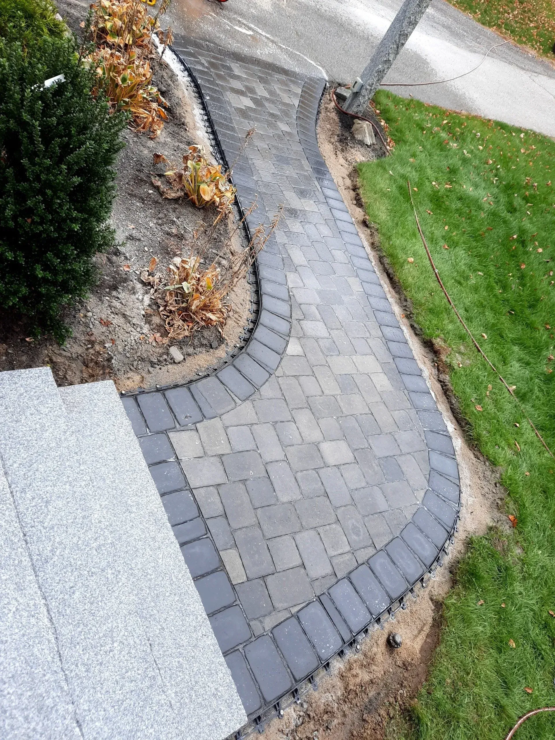 Curved gray brick walkway beside lawn and shrubs, with a paved patio edge and a tree trunk nearby