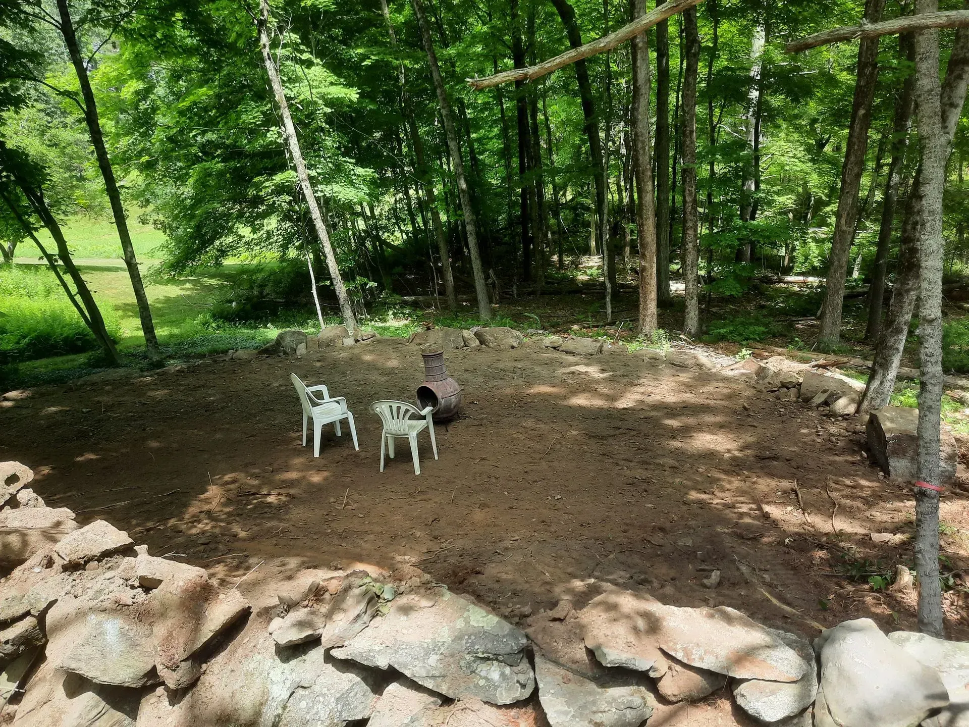 Wooded backyard with a dirt clearing, two white chairs, and a black dog near the center