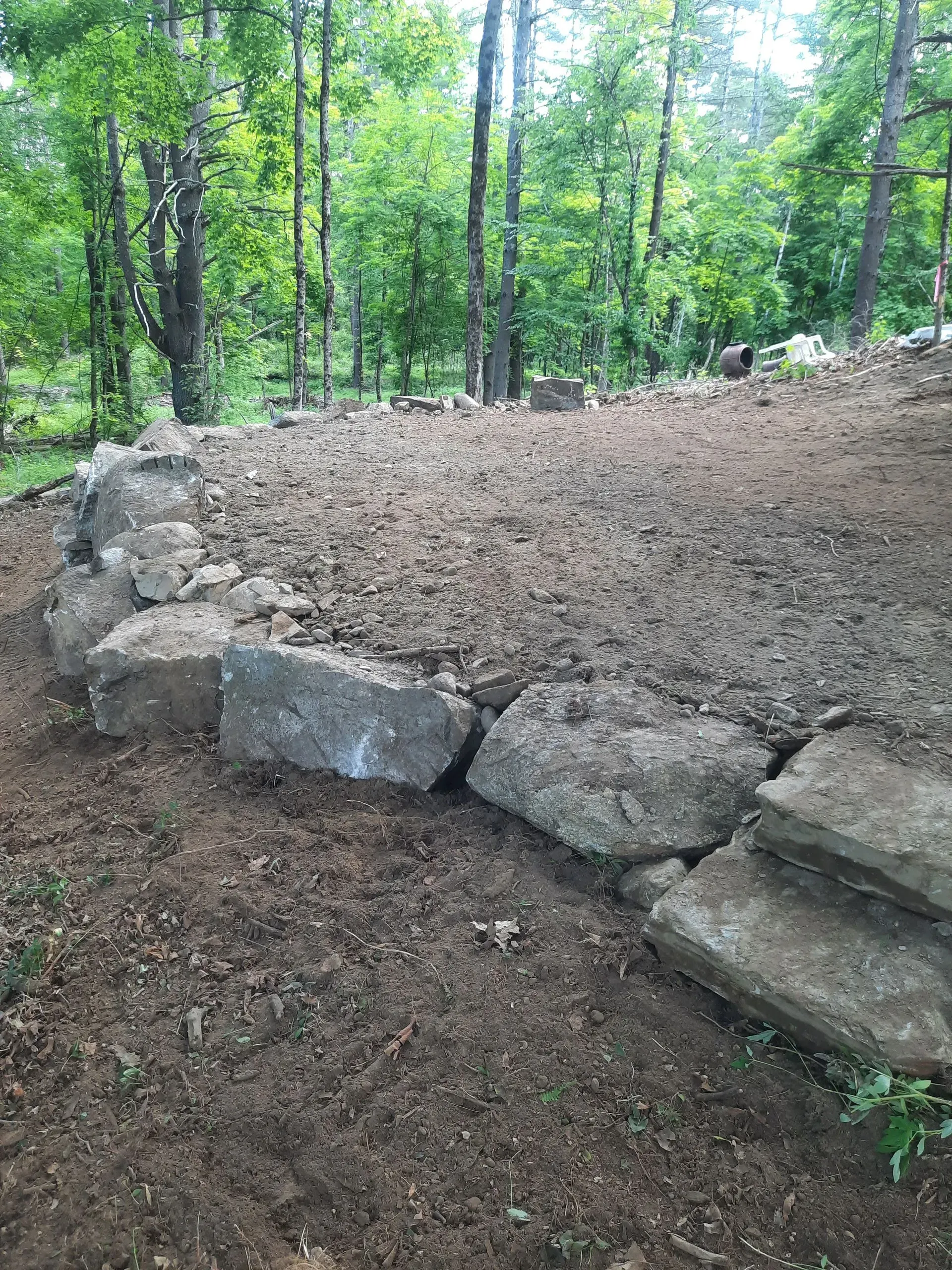 Rock retaining wall beside a dirt path in a wooded area with green trees and brush.