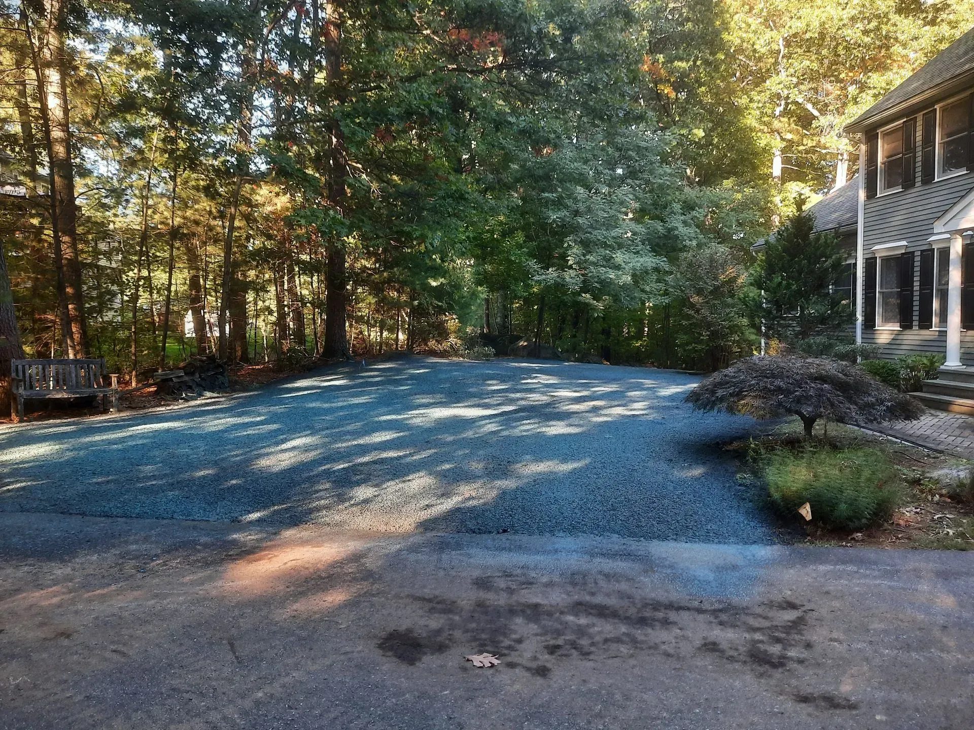 Gravel driveway beside a house and wooded yard in bright sunlight