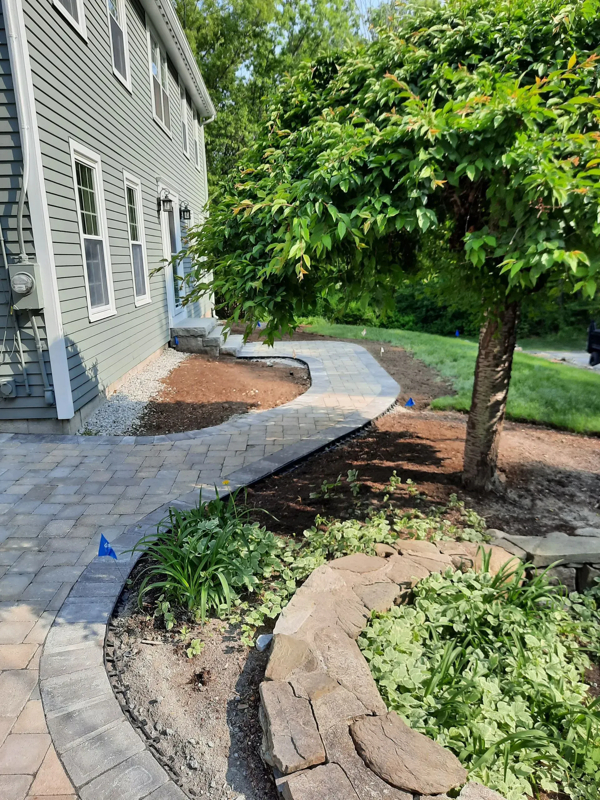 Stone walkway along a gray house beside a landscaped yard with a tree and shrubs.