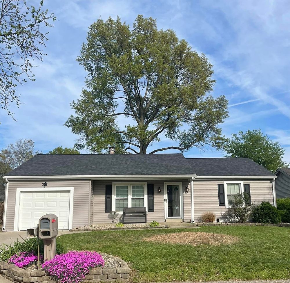 Single-story beige house with black roof, white garage, front porch, and large tree in the yard