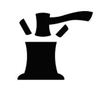 Black abstract icon resembling a broken tower or anvil with pieces flying off on a white background