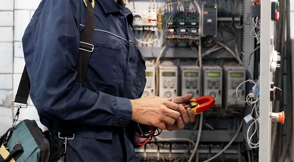 Technician using a multimeter to test wiring inside an electrical control panel